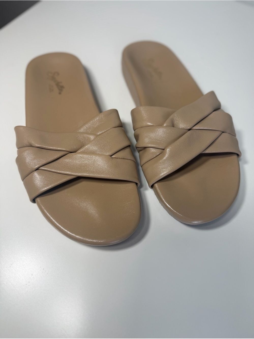 Seychelles Tan Leather Puffed Criss-Cross Slide Sandals | Size 9